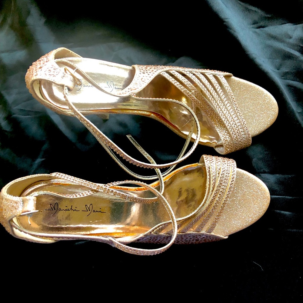 Marichi Mani Rose Gold Open Almond Toe Rhinestone Heels with Ankle Strap - 10